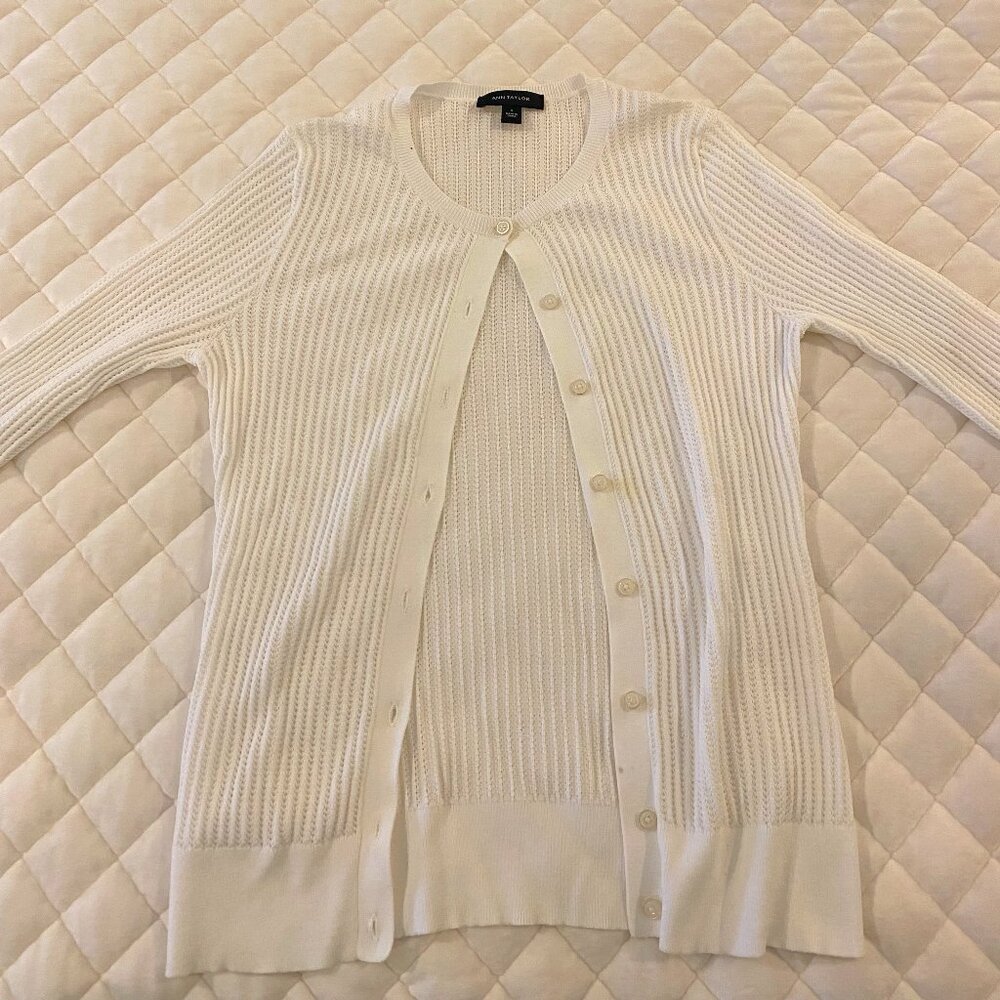 Ann Taylor White Cotton Cable Knit Button Cardigan Sweater